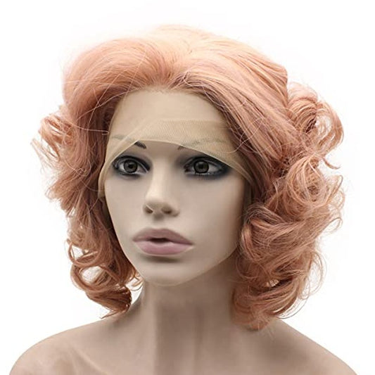 MX angel Short Curly Synthetic Hair Lace Front Rose Pink Wig Heat Friendly Fiber Hair