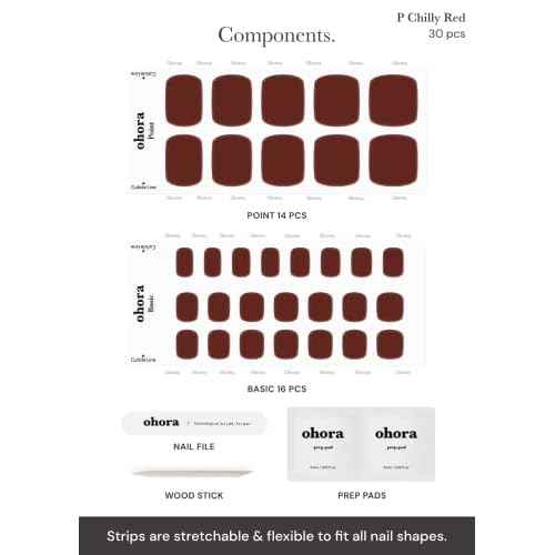 ohora Semi Cured Gel Pedi Strips (P Chilly Red) - Works with Any Pedi Lamps, Salon-Quality, Long Lasting, Easy to Apply & Remove - Includes 2 Prep Pads, Pedi File & Wooden Stick