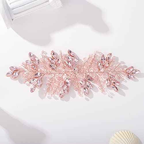Teyglen Women's Handmade Bridal Hair Vine with Pink Rhinestones and Crystals, Large Headpiece for Brides and Girls