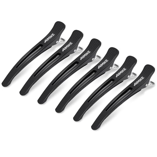 AIMIKE 6pcs Professional Hair Clips for Styling Sectioning, Non Slip No-Trace Duck Billed Hair Clips with Silicone Band, Salon and Home Hair Cutting Clips for Hairdresser, Women, Men - Black 4.3¡± Long
