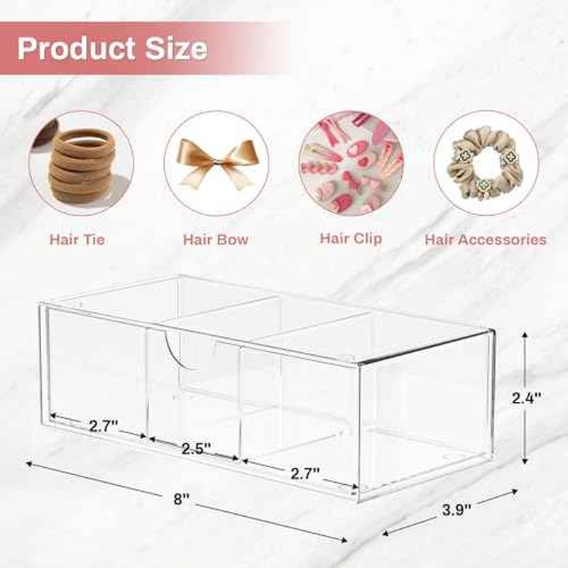 Hair Accessories Organizer for Girls, Clear Acrylic Hair Bow Tie Clip Scrunchie Holder with Removable Divider, Cute Small Stackable Storage Drawer Container Caddy Box for Bathroom Vanity Countertop