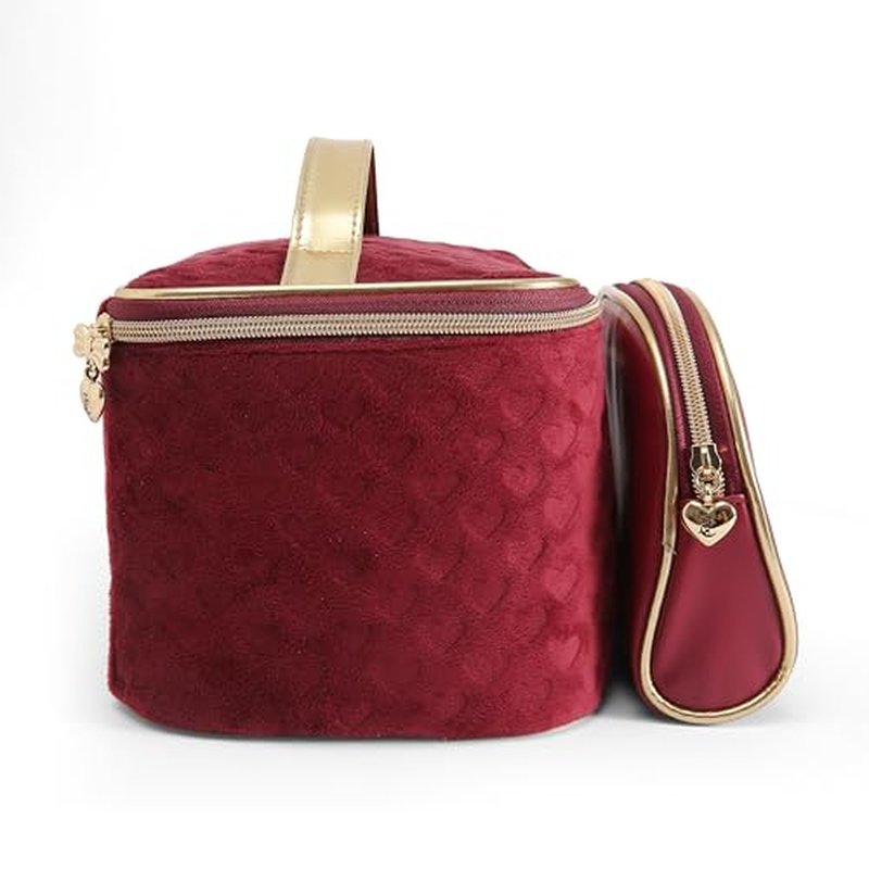 Juicy Couture Red Makeup Bag Cosmetics Organizer Travel Essentials Train Case Coin Purse Velour Heart Faux Leather Rhinestone