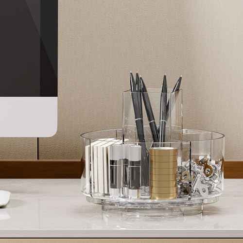 LINFIDITE 360 Rotating Makeup Organizer Clear Cosmetic Storage Holder Tray with 6 Compartment Makeup Brush Lip Gloss Organizer Case for Bathroom Cabinet Vanity Desktop