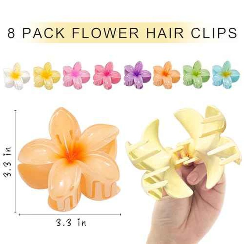Flower Hair Clips for Women, 8 PCS Hawaiian Claw Clips for Vacation Hibiscus Hair Claw Clips Cute Large Hair Clips for Thick and Thin Hair Plumeria Hair Accessories