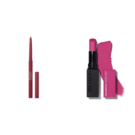REVLON Bundle of Lip Liner, Colorstay 670 Wine Lipstick, ColorStay Suede Ink, Built-in Primer, Infused with Vitamin E, Waterproof, Smudgeproof, Matte Color, 010 Tunnel Vision (Pack of 2)