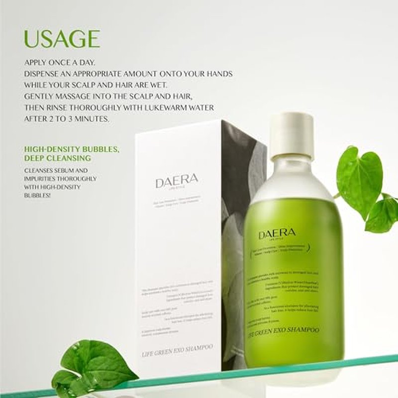 DAERA 2 Pack Life Green Exo Shampoo for Thinning Hair Thickening 10.24 fl oz, Caffeine Biotin Scalp Deep Cleansing, Volumizing & Improving, Heartleaf Extract, Women & Men, All Skin Types