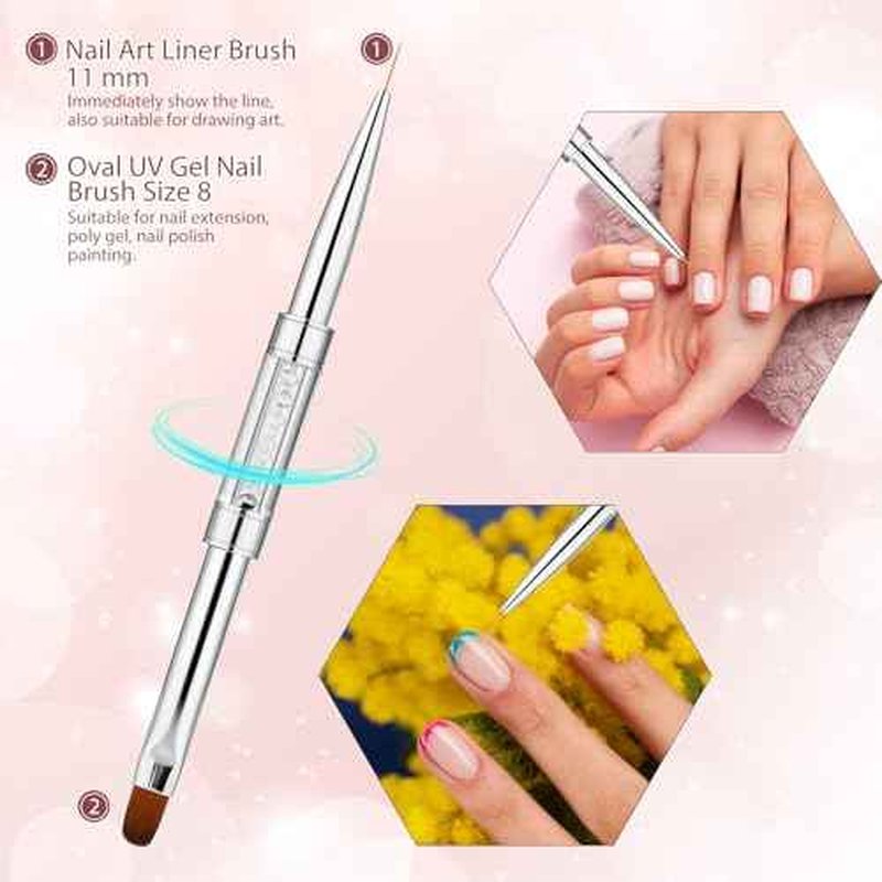 2Pcs Double Ended Nail Art Brushes Hard Gel Nail Brush Builder Gel Brush Oval Gel Nail Brushes Nail Liner Brush Rhinestone Handle French Tip Nail Gel Liner Brush Nail Drawing Brushes for Design Nail