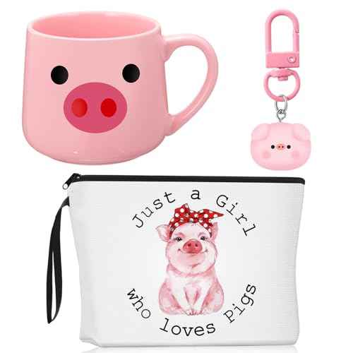 3 Pcs Cow Pig Lovers Gifts for Women Funny Travel Makeup Bag Portable Cosmetic Bag Cute Coffee Mug 11.8 oz Stainless Steel Keychain for Women Graduation Animal Lovers Gifts(Pig Style)