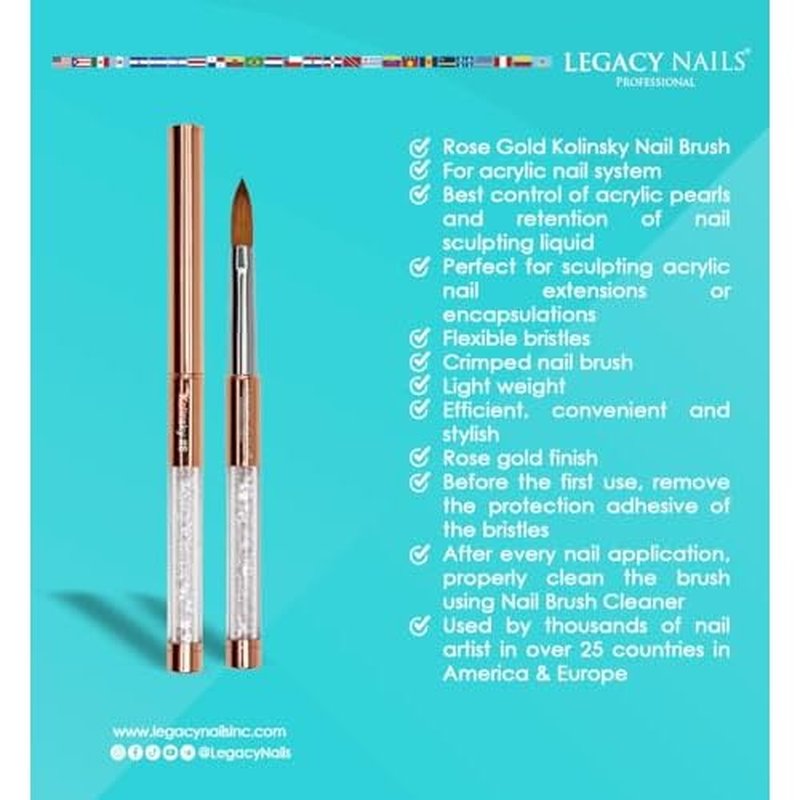 Legacy Nails Professional Rose Gold Kolinsky Nail Brush #10 - Perfect For Sculpting Acrylic Nail Extensions Flexible bristles Light weight