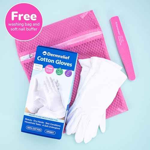 Cotton Gloves - for Beauty, Dry Hands, Eczema, Dermatitis and Psoriasis (7 Pairs) with Free Gifts (Professional Nail Buffer & Washing Bag) (Large)