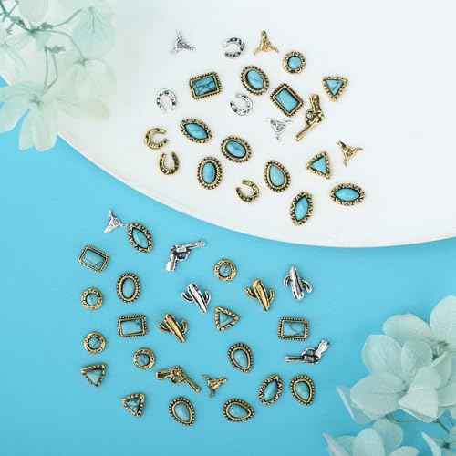 50 PCS Turquoise Nail Charms - 3D Western Nail Charms Vintage Turquoise Gems Stones Art, Retro Metal Gold Silver Cowboy Cowgirl Western Art Stickers Accessories Women DIY
