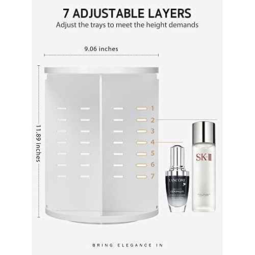 Syntus 360 Rotating Makeup Organizer, DIY Adjustable Bathroom Makeup Carousel Spinning Holder Rack, Large Capacity Cosmetics Storage Box Vanity Shelf Countertop, Fits Makeup Brushes, Lipsticks, White