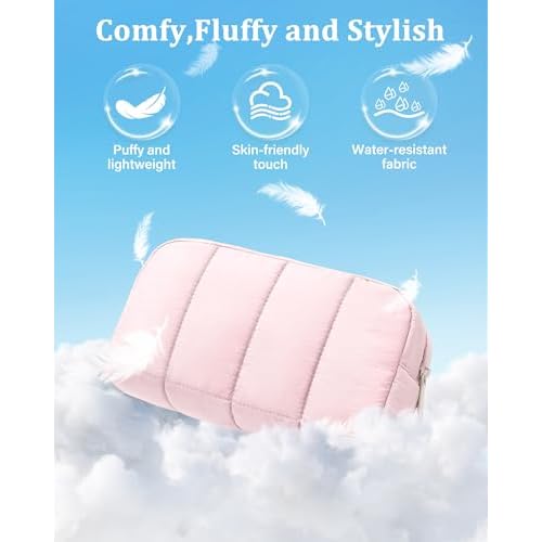 oscaurt 2 Pcs Makeup Bag Travel Toiletry Bag for Women Puffy Padded Cosmetic Pouch Purse Wide-open Makeup Organizer Case Travel Essentials