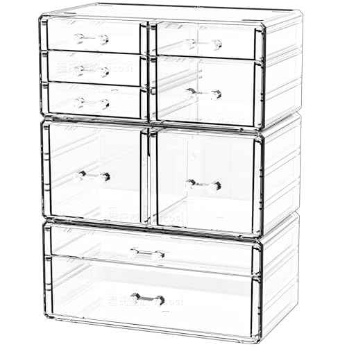 Cq acrylic Clear Stackable Storage Drawers,Plastic Makeup Organizer and Bathroom Storage Bins WIth 9 Drawers For Make up,Medicine,Craft,Pen,Beauty and Office Supply Organizer