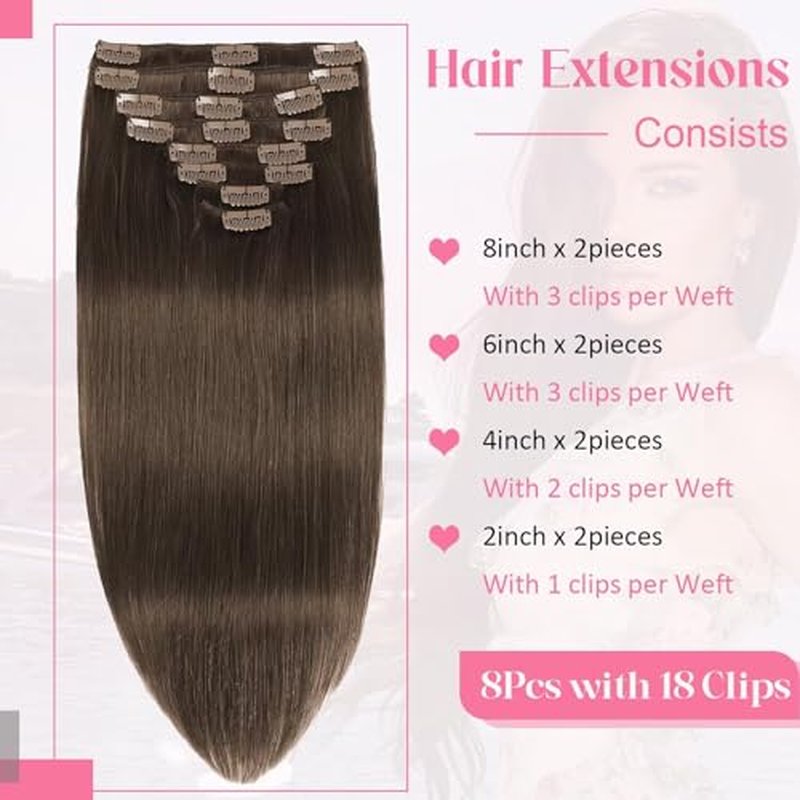Clip in Hair Extensions Real Human Hair 3.6oz/100g Clip ins 100% Brazilian Remy Human Hair Extension for Women 8pcs Per Set with 18 Clips Double Weft (18 Inch #4 Chocolate Brown)