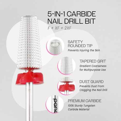 PANA Nail Carbide 5 in 1 Bit - Two Way Rotate use for Both Left and Right Handed - Fast Remove Acrylic or Hard Gel - 3/32" Shank - Manicure, Nail Art, Drill Machine (Fine - F, Silver)