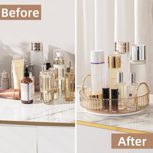 Makeup Organizer for Vanity, 360¡Æ Rotating Bathroom Organizer Countertop, High-Capacity Skincare Organizer, Spinning Cosmetics Organizer for Dresser Countertop (1 Tier, Amber)