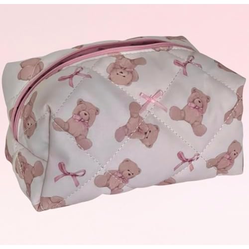 Teddy Bow Makeup Bag Set of 2, Cotton Quilted Bear Makeup Bags with Satin Pink Bows, Cute Girly Toiletry Pouch Set, Small Bag for Purse, Coquette Accessories, Aesthetic Gift Set for Women Teen Girls