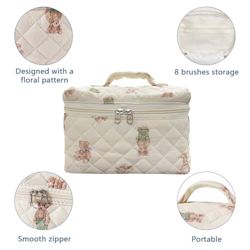 Large Makeup Bag, Cute Cosmetic Bag for Women Girls, Floral Coquette Aesthetic Toiletry Bag, Travel Make Up Organizer Bag (White-Bear)