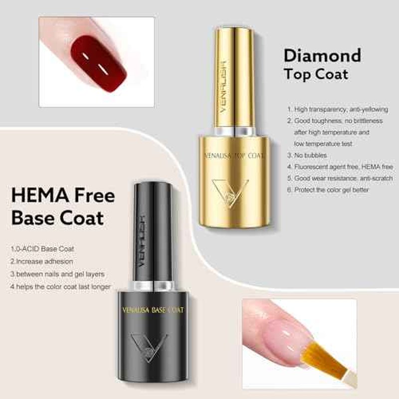 VENALISA No Wipe Gel Top Coat and Base Coat Set 2 Pcs 10ML for Gel Nail Polish, Shiny Finish and Long Lasting Soak Off Salon Manicure DIY at Home For Girls Women