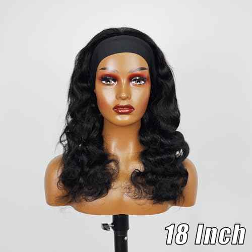 Headband Wig Human Hair for Women 16-Inch 180% Density Body Wave Headband Wigs Glueless Human Hair Wig(Body Wave, Natural Black)