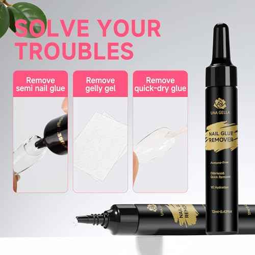 UNA GELLA Quick Removal Gel Nail Glue Remover for Press On Nails: Acrylic Nails Semi Solid Nail Glue Acetone-Free, Not for Gel Polish Base Coat Soak Off Remover Kit Drip Use, 12ml*2pcs
