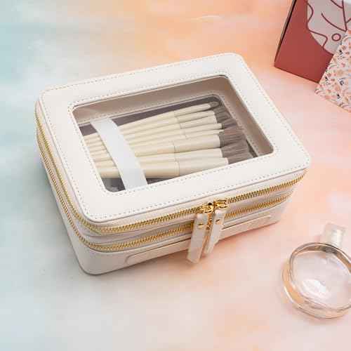 Aveniee Large Clear Makeup Bags, Double Layer Cosmetic Bags with Separate Brush Compartment, Travel Toiletry Bag Cosmetic Train Case, Travel Accessories Organizer for Women(2 Layers, White)