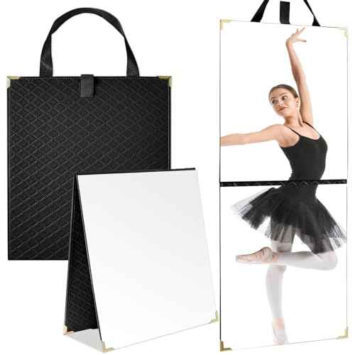 Chunful Frameless Travel Hanging Mirror Leather Foldable Full Length Backstage Makeup Mirror with Handle for Travel Dance Competition Home Fitness Gift(Black,24.61 x 11.22 Inches)