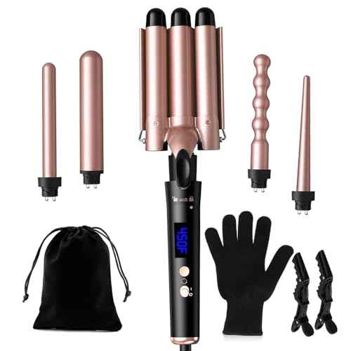 5 in 1 Curling Iron Set,Curling Iron Wand with 3 Barrel Hair Crimper(1.1inch) and 4 Interchangeable Ceramic Curling Wand(0.35"-1.25"), 4 Temp Heating Setting,Contain Protective Glove & 2 Clips