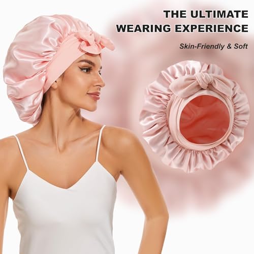 Large Silk Bonnet for Sleeping, Satin Hair Bonnet for Sleeping with Tie Band, Double Layer Satin Bonnets for Women Natural Curly Hair Shower cap