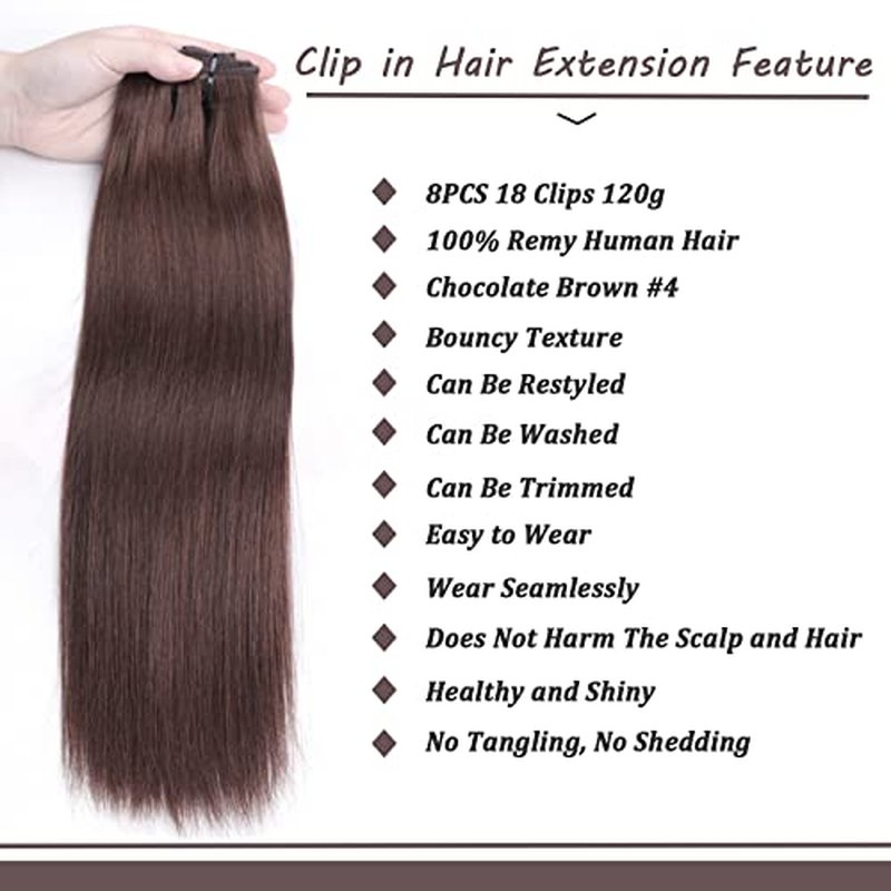 Clip in Hair Extensions Real Human Hair Chocolate Brown Hair Extensions Clip in Human Hair 8 Pcs 120g Straight Remy Hair Extensions(4,14inch)
