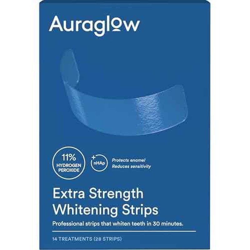 Auraglow Extra Strength Teeth Whitening Strips, Strong Whitening Strips, 14 Whitening Treatments, 11% Hydrogen Peroxide with Nano Hydroxyapatite to Reduce Sensitivity & Protect Enamel, 28 Strips, Mint
