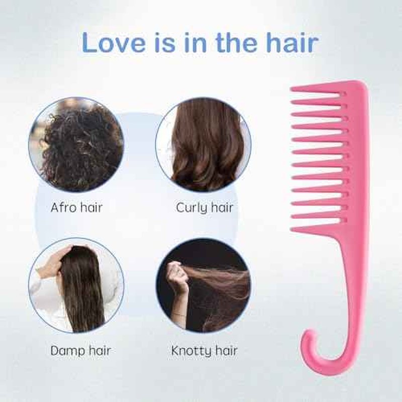 Wapodeai Wide Tooth Comb Shower Comb With Hook, Good for Curly Hair Wet Dry, Premium Tangle Free Combs Pink.
