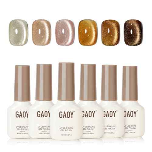 GAOY Cat Eye Gel Nail Polish Set with Magnet for Sparkling Maillard Effect, Caramel Amber Glitter Nail Art, Long Lasting Gel for Home & Salon Manicure