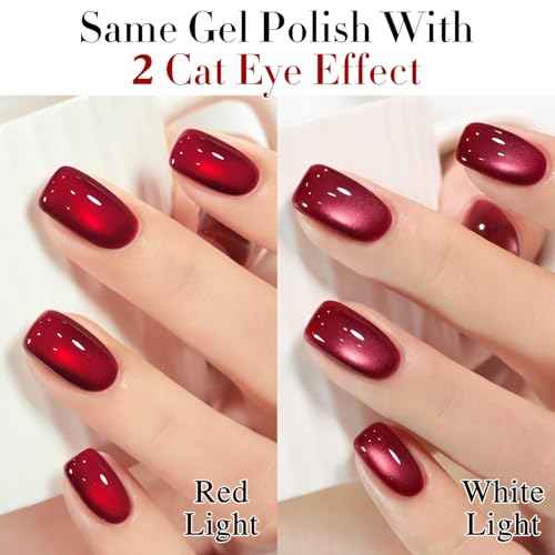 Double Rhythm Jelly Glass Cat Eye Gel Polish with Magnet 15ML Holographic Glitter Shimmer Translucent Sheer Color Magnetic Nail Polish Salon DIY at Home (Red-MC1116)
