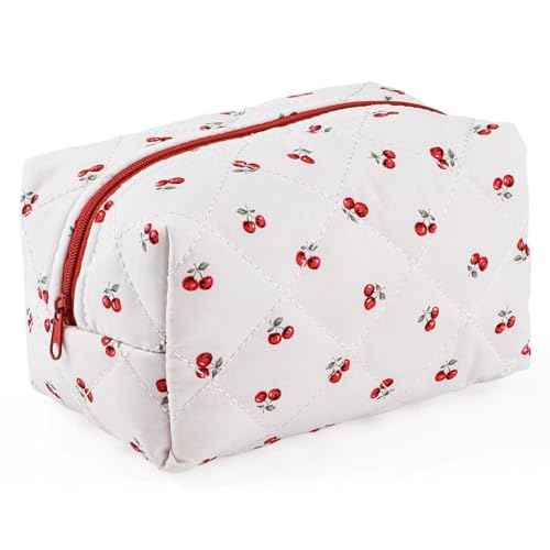 Floral Makeup Bag,Floral Quilted Makeup Pouch,Large Cosmetic Bag,Fashionable Travel Makeup Pouch, Cute Cherry Make up Bag,Puffy Coquette Makeup Bag, Attractive Quilted Make up Bag