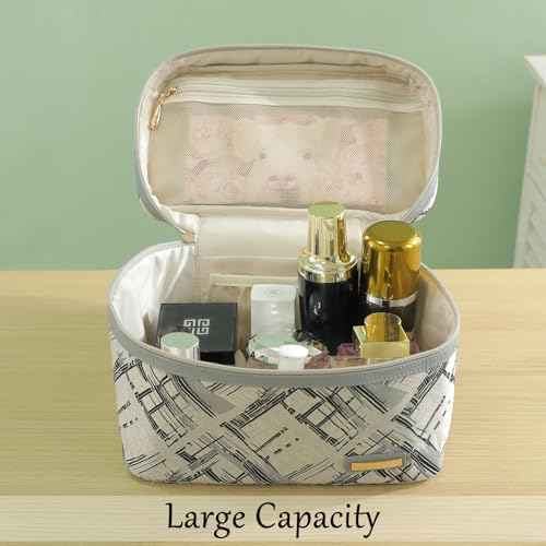 Richeart 3PC Makeup Bag Set, Cationic Jacquard Large Cosmetic Organizer, Back-Coated Solvent-Free Travel Toiletry Bag for Women - Gray