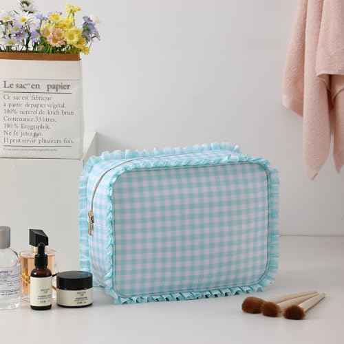 Gingham Ruffle Makeup Bag,Large Travel Cute Cosmetic Bag for Women Girls,Toiletry Bag Make up Organizer 10.8 x 4.5 x 8 inch (Mint Gingham)
