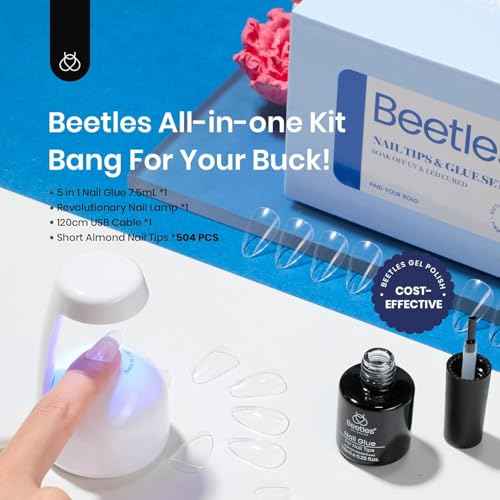 Beetles Gel Nail Kit Clear, Almond Short, 500pcs 12 Sizes, with 9 in 1 Glue Mini UV&LED Lamp, Fall Nails, Acrylic False Tips Kit Easy Nail Extension Set for Home DIY Salon Gift for Girls