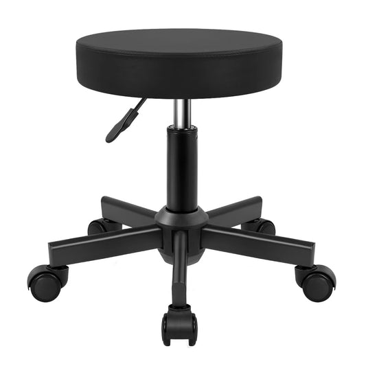 KKTONER Round Stool Rolling Stools PU Leather Height Adjustable Stool with Wheels Swivel Spa Drafting Work Chair Small (Black)