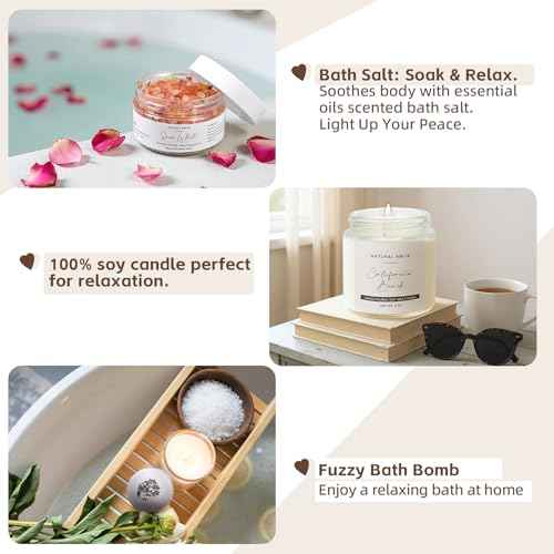 Natural Amor Spa Gift Set for Women 6 PCS? Relaxation Kit with Handmade Soap, Bath Bombs, Candle, Christmas Gift Box for Her, Self Care Birthday Gifts