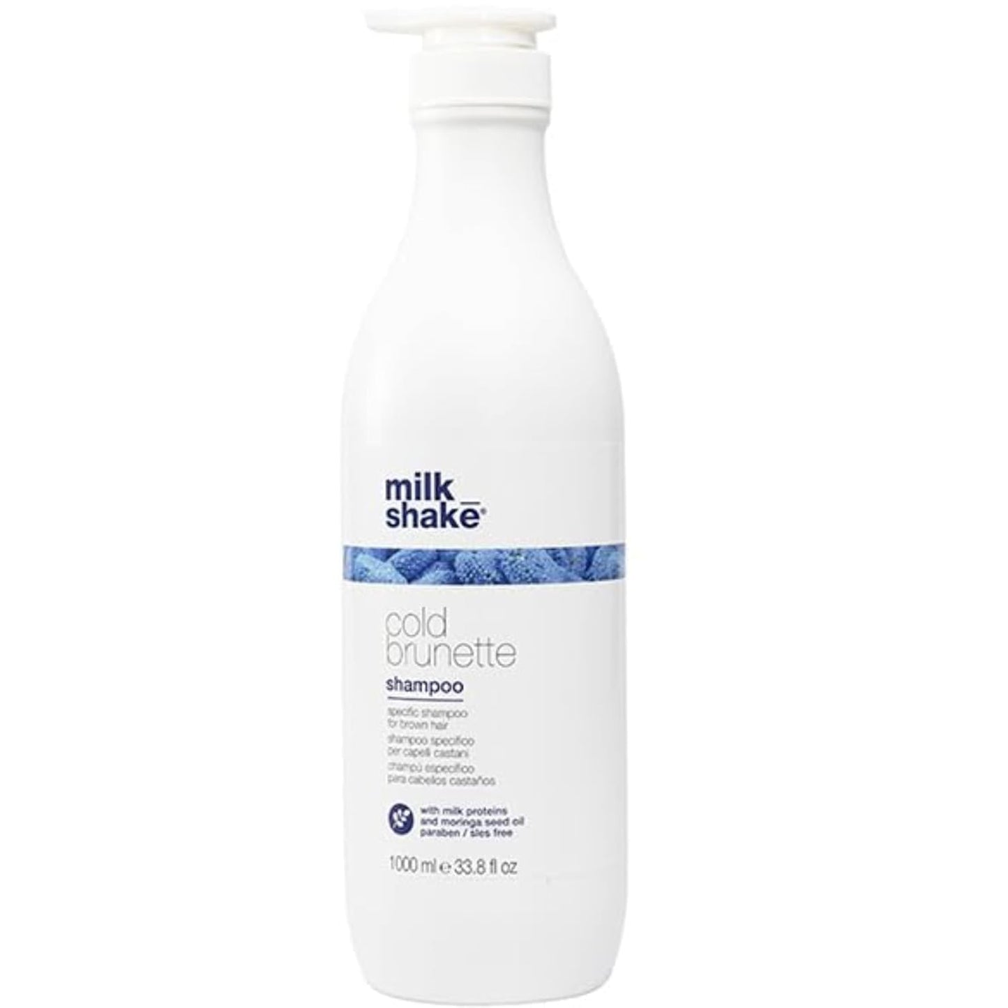 milk_shake cold brunette shampoo | toning shampoo with blue pigment to neutralize orange and red in brunette hair | strengthens, boosts shine, and extends color, 33.8 fl oz / 1000 mL