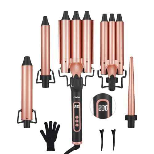 Waver Curling Iron Wand Set: Ohuhu 5 in 1 Curling Iron Set with 2 Size 0.75" 1" 3 Barrel Hair Crimper Beach Waves and 3 Interchangeable Wand 0.35"-1.25" LED Display for Girls Women Mother Gift