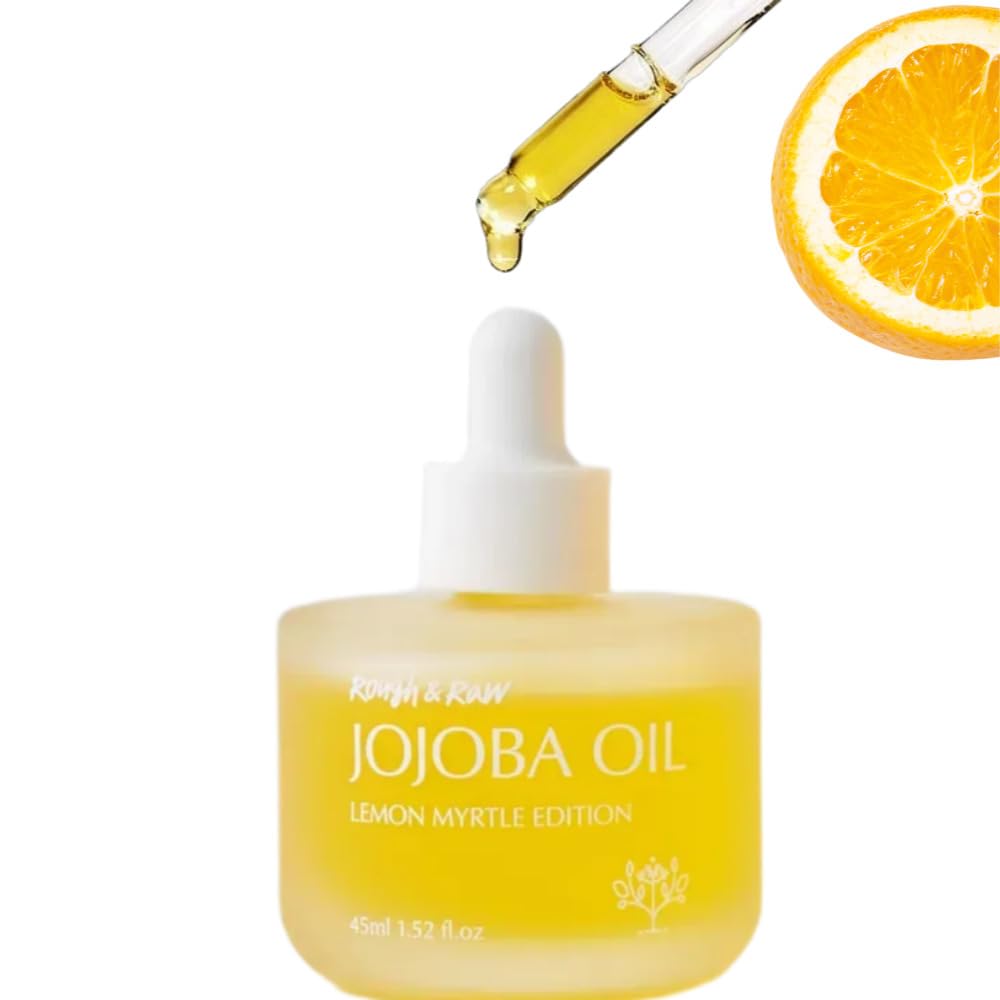 ROUGH & RAW USDA Organic Jojoba Oil with Lemon Myrtle -100% Pure Cold Pressed Unrefined Golden Jojoba for Face, Body, Hair & Nails - Fresh Citrus Scent, Vegan, Cruelty-Free (1.52 fl.oz)