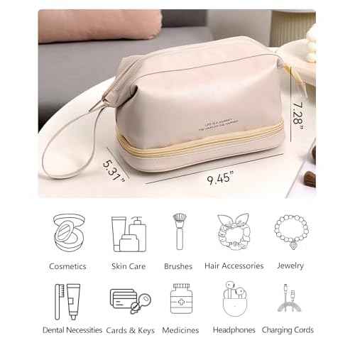 GRINKO Travel Makeup Bag, Large Capacity Toiletry Bag, Portable Pouch Cosmetic Bags for Women, PU Leather Waterproof Make up Organizer Apricot