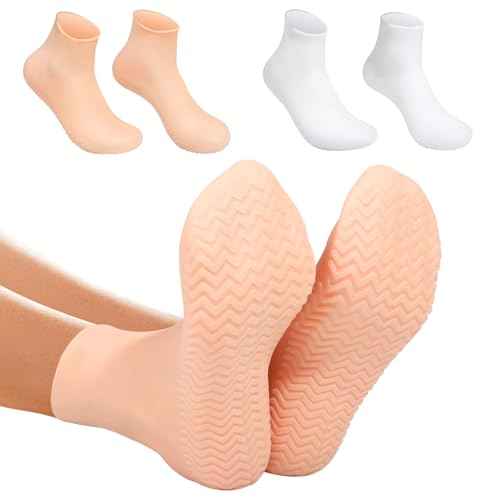 Silicone Moisturizing Socks for Dry Cracked Feet - 2 Pairs, XL Long Size, Non-Slip Heel Socks for Women and Men - High Stretch Foot Care Pedicure - White & Beige