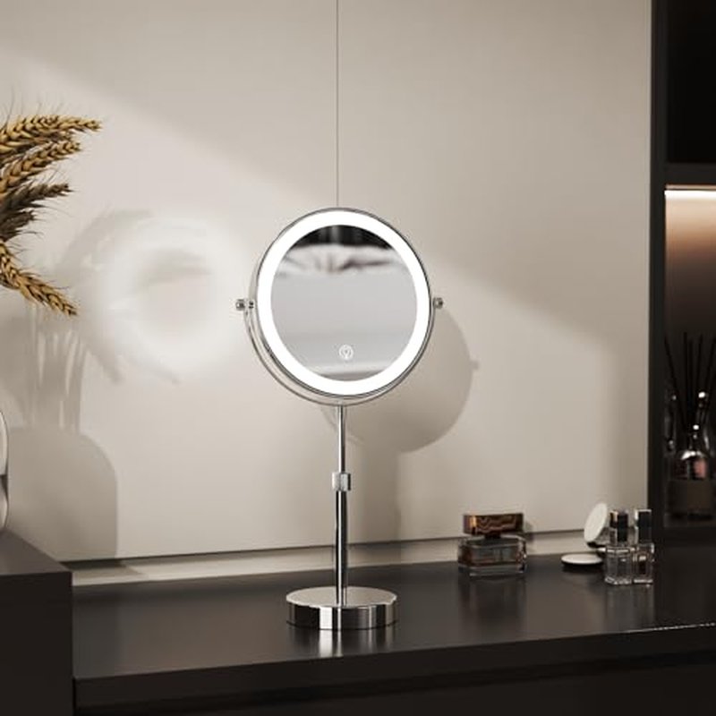 Nicesail LED Lighted Makeup Mirror Tabletop, 10X Magnifying Mirror with 3 Color Lights, Brightness Adjustable Height, Light up for Desk Make up Vanity Table, Double Sided Chrome Finish (8 Inch, 10X)