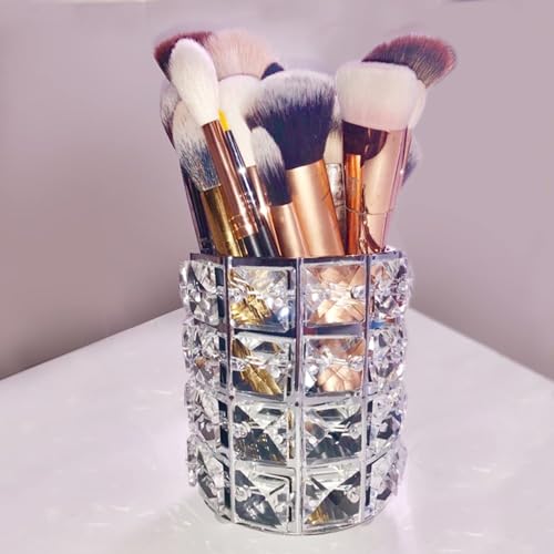 LUGUNU Makeup Brush Holder with Silver Crystal Bling ? Elegant Vanity Organizer for Brushes, Pens & Pencils, Ideal for Bathroom or Office Countertop(2Pack)