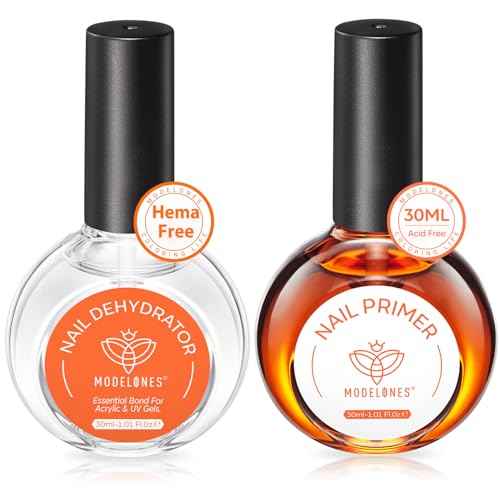 modelones 30 ml Nail Dehydrator and Primer, Acid Free Natural Prep Dehydrate & Bond Primer Kit, Hema-Free Acrylic Nail Supplies Top Coat