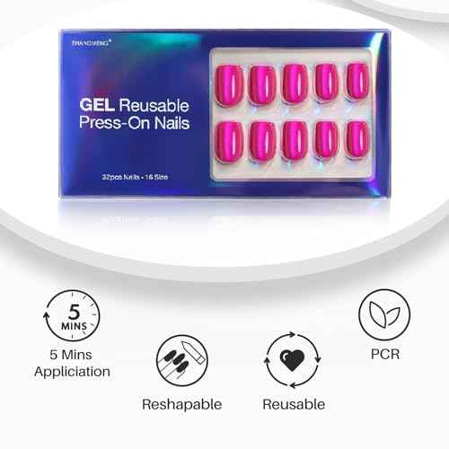 Hot Pink Press on Nails Short - Cat Eye Press on Nails Square for Women Gift, Natural Fit & Glossy Stick on Nails in 16 Sizes - 32 Reusable Soft Gel Fake Nails with Glue, Hot Pink